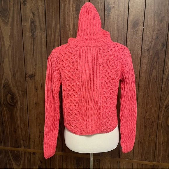 Linda Allard Ellen Tracy Pink Chunky Knit Hoodie Button Front Crop Sweater Sz M - Picture 4 of 6